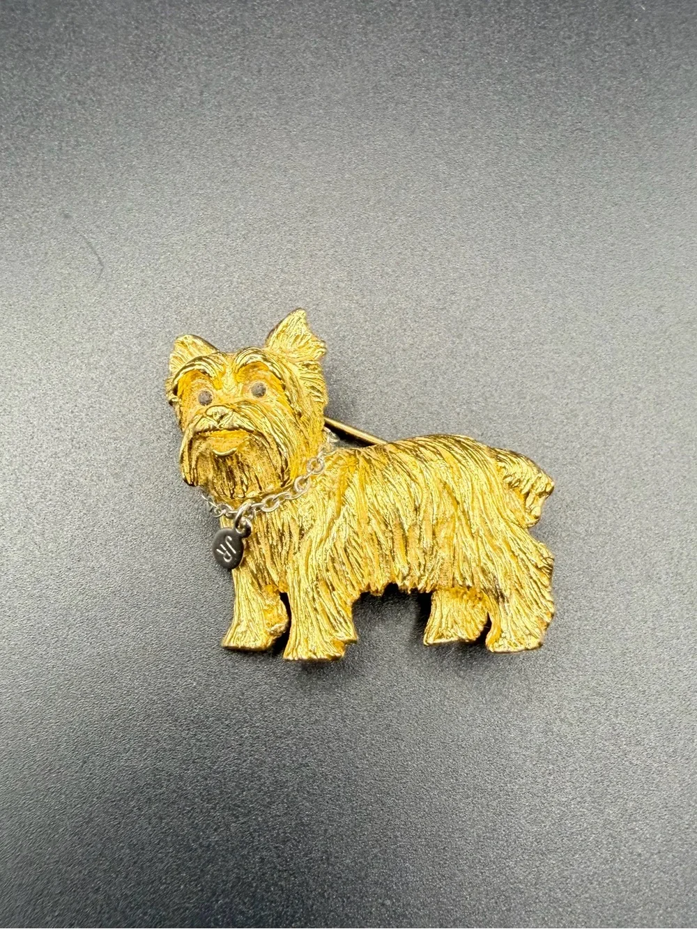 Vintage Joan Rivers Yorkshire Terrier Yorkie Brooch Pin Gold Tone JR Collar Tag